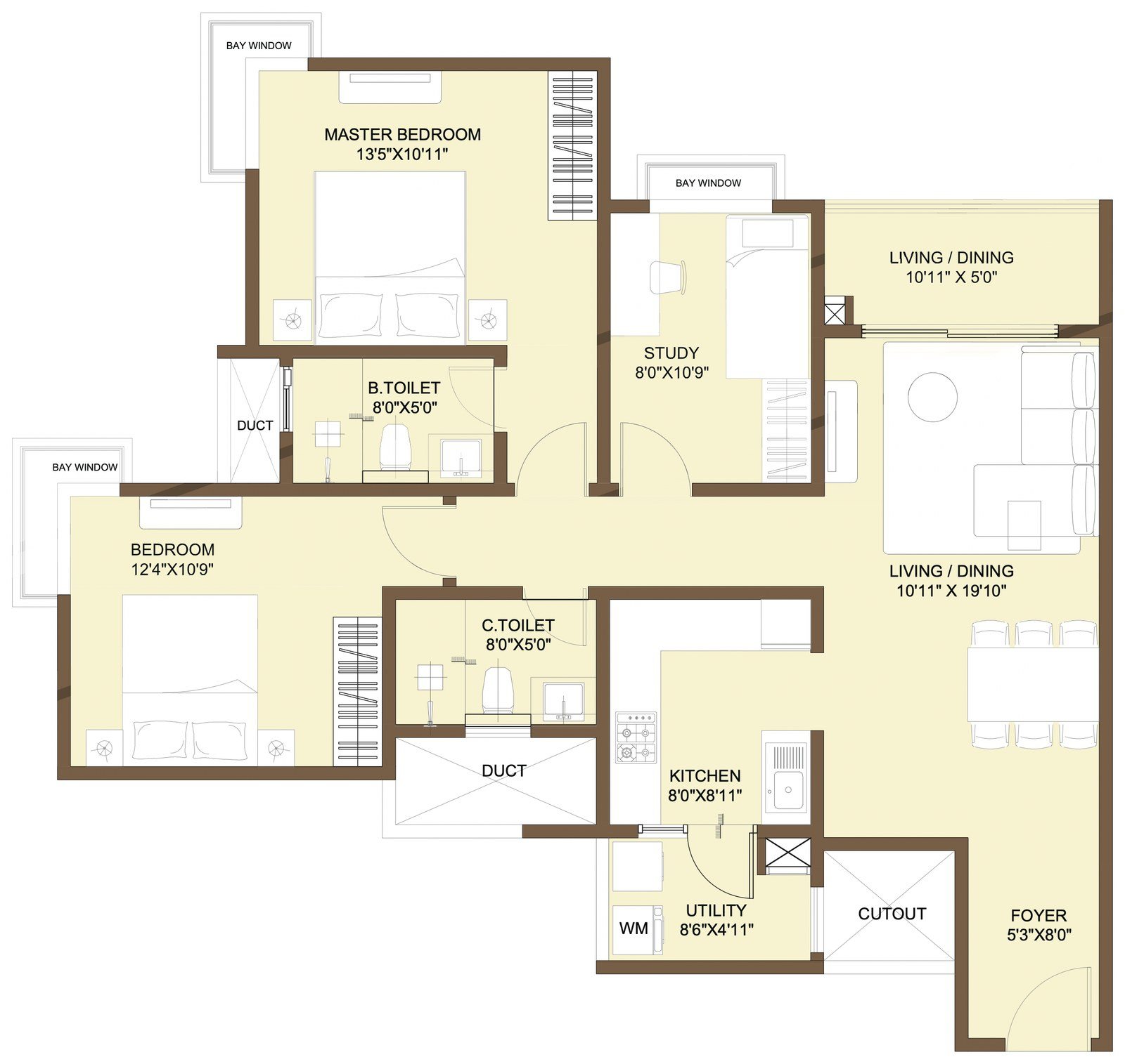 Nikoo Homes 9 2.5 BHK floor plan with study